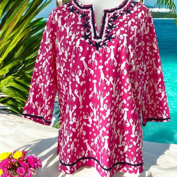 Talbots pink white 100% cotton lobster starfish tunic blouse Plus size 3X - Picture 5 of 8